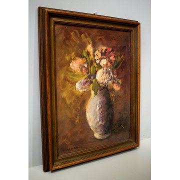 ANTICO QUADRO OLIO TELA Aldo Alberti NATURA MORTA VASO FIORI BUSTO ARSIZIO 1950