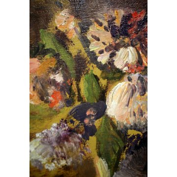 ANTICO QUADRO OLIO TELA Aldo Alberti NATURA MORTA VASO FIORI BUSTO ARSIZIO 1950