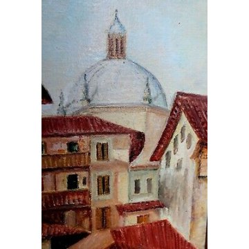 GRANDE QUADRO OLIO TELA Cassani Paolo VEDUTA ANTICO BORGO CUPOLA CANALE BARCHE