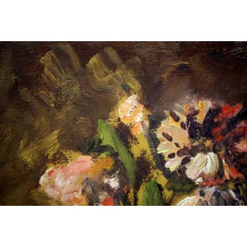 ANTICO QUADRO OLIO TELA Aldo Alberti NATURA MORTA VASO FIORI BUSTO ARSIZIO 1950