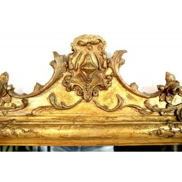 ANTICA GRANDE CAMINIERA SPECCHIERA SPECCHIO BAROCCO LEGNO INTAGLIATO DORATO 1800