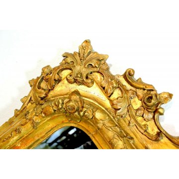 ANTICA GRANDE CAMINIERA SPECCHIERA SPECCHIO BAROCCO LEGNO INTAGLIATO DORATO 1800