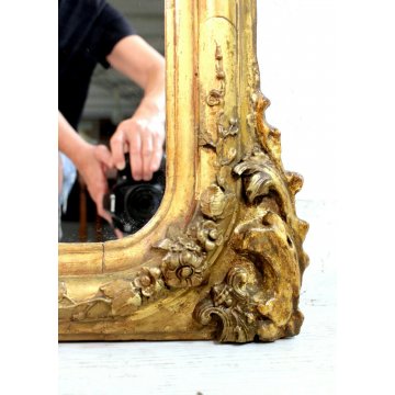 ANTICA GRANDE CAMINIERA SPECCHIERA SPECCHIO BAROCCO LEGNO INTAGLIATO DORATO 1800
