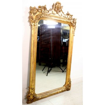 ANTICA GRANDE CAMINIERA SPECCHIERA SPECCHIO BAROCCO LEGNO INTAGLIATO DORATO 1800