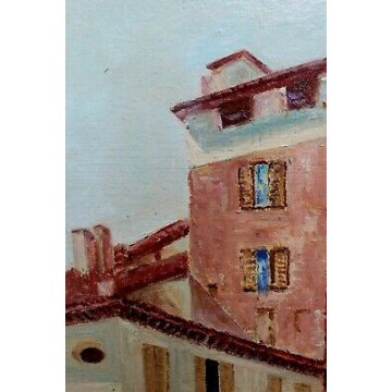 GRANDE QUADRO OLIO TELA Cassani Paolo VEDUTA ANTICO BORGO CUPOLA CANALE BARCHE