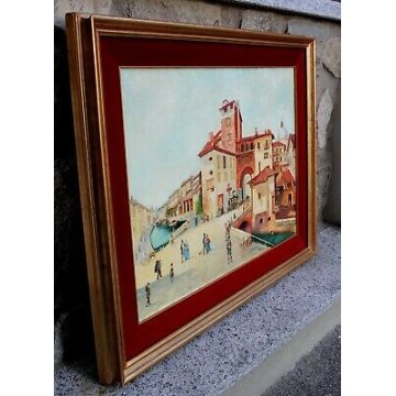 GRANDE QUADRO OLIO TELA Cassani Paolo VEDUTA ANTICO BORGO CUPOLA CANALE BARCHE