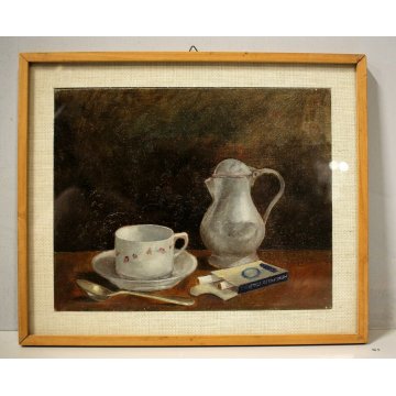 PICCOLO QUADRO OLIO Aldo Piantanida NATURA MORTA BROCCA TAZZA CAFFE SIGARETTE