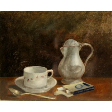 PICCOLO QUADRO OLIO Aldo Piantanida NATURA MORTA BROCCA TAZZA CAFFE SIGARETTE