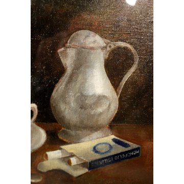 PICCOLO QUADRO OLIO Aldo Piantanida NATURA MORTA BROCCA TAZZA CAFFE SIGARETTE