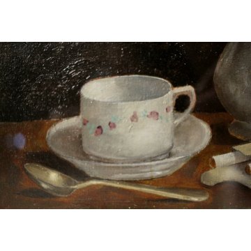 PICCOLO QUADRO OLIO Aldo Piantanida NATURA MORTA BROCCA TAZZA CAFFE SIGARETTE