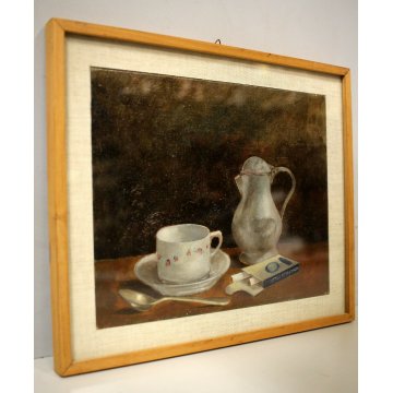 PICCOLO QUADRO OLIO Aldo Piantanida NATURA MORTA BROCCA TAZZA CAFFE SIGARETTE