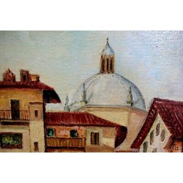 GRANDE QUADRO OLIO TELA Cassani Paolo VEDUTA ANTICO BORGO CUPOLA CANALE BARCHE