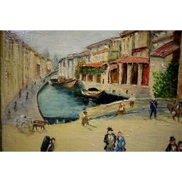 GRANDE QUADRO OLIO TELA Cassani Paolo VEDUTA ANTICO BORGO CUPOLA CANALE BARCHE