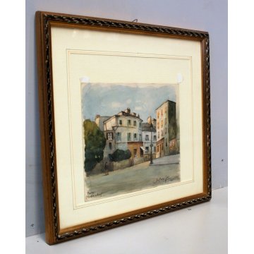 PICCOLO QUADRO ACQUERELLO Angelo Bottigelli SCORCIO VEDUTA Paris Montmartre 1965