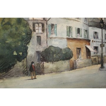 PICCOLO QUADRO ACQUERELLO Angelo Bottigelli SCORCIO VEDUTA Paris Montmartre 1965