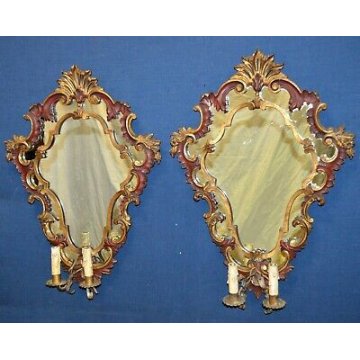 COPPIA ANTICA SPECCHIERA epoca 800 LIBERTY DORATA LUME OLD GOLDEN MIRROR LAMPADA