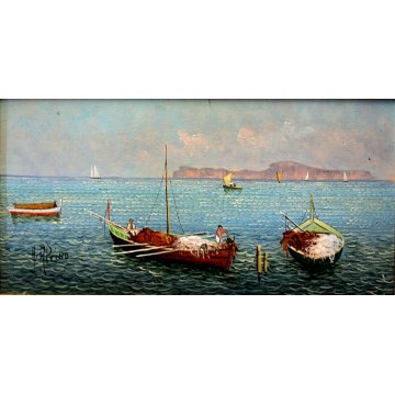QUADRO DIPINTO OLIO TAVOL A. Prino MARINA BARCHE PESCATORI ISOLA
