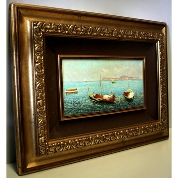 QUADRO DIPINTO OLIO TAVOL A. Prino MARINA BARCHE PESCATORI ISOLA