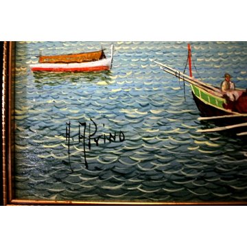 QUADRO DIPINTO OLIO TAVOL A. Prino MARINA BARCHE PESCATORI ISOLA
