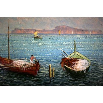 QUADRO DIPINTO OLIO TAVOL A. Prino MARINA BARCHE PESCATORI ISOLA
