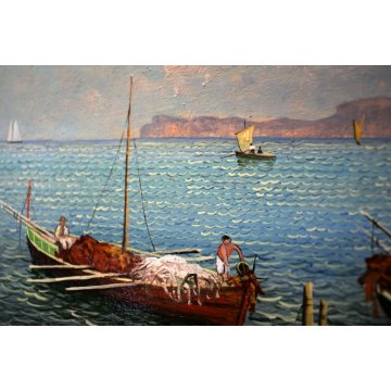 QUADRO DIPINTO OLIO TAVOL A. Prino MARINA BARCHE PESCATORI ISOLA
