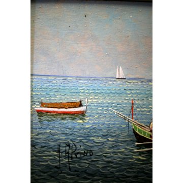 QUADRO DIPINTO OLIO TAVOL A. Prino MARINA BARCHE PESCATORI ISOLA