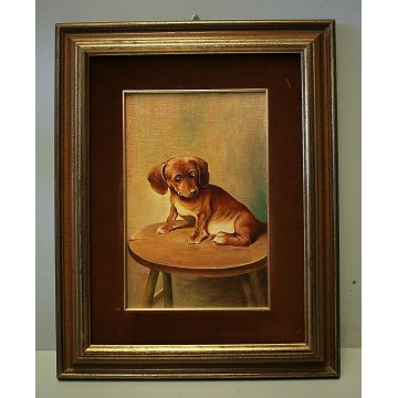 ANTICO QUADRO DIPINTO OLIO CARTONE Lino Bacci RITRATTO CAGNOLINO BASSOTTO '900