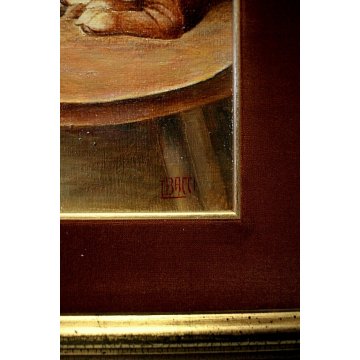 ANTICO QUADRO DIPINTO OLIO CARTONE Lino Bacci RITRATTO CAGNOLINO BASSOTTO '900