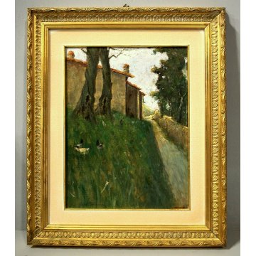ANTICO QUADRO OLIO TAVOLA Gino Tommasi PAESAGGIO CAMPESTRE STRADA PAESE GALLINE