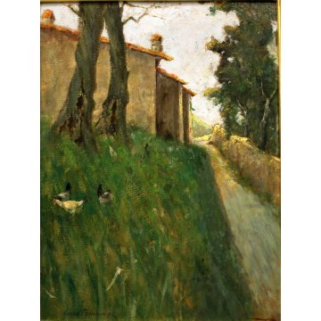 ANTICO QUADRO OLIO TAVOLA Gino Tommasi PAESAGGIO CAMPESTRE STRADA PAESE GALLINE
