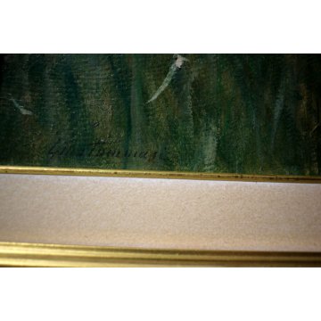 ANTICO QUADRO OLIO TAVOLA Gino Tommasi PAESAGGIO CAMPESTRE STRADA PAESE GALLINE