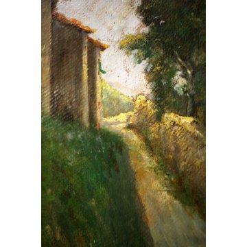 ANTICO QUADRO OLIO TAVOLA Gino Tommasi PAESAGGIO CAMPESTRE STRADA PAESE GALLINE