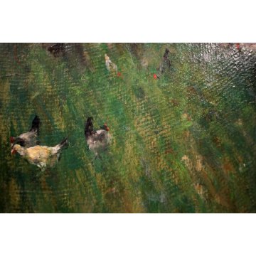 ANTICO QUADRO OLIO TAVOLA Gino Tommasi PAESAGGIO CAMPESTRE STRADA PAESE GALLINE