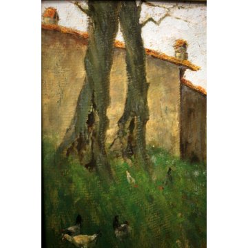 ANTICO QUADRO OLIO TAVOLA Gino Tommasi PAESAGGIO CAMPESTRE STRADA PAESE GALLINE
