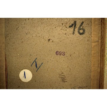 ANTICO QUADRO OLIO TAVOLA Gino Tommasi PAESAGGIO CAMPESTRE STRADA PAESE GALLINE